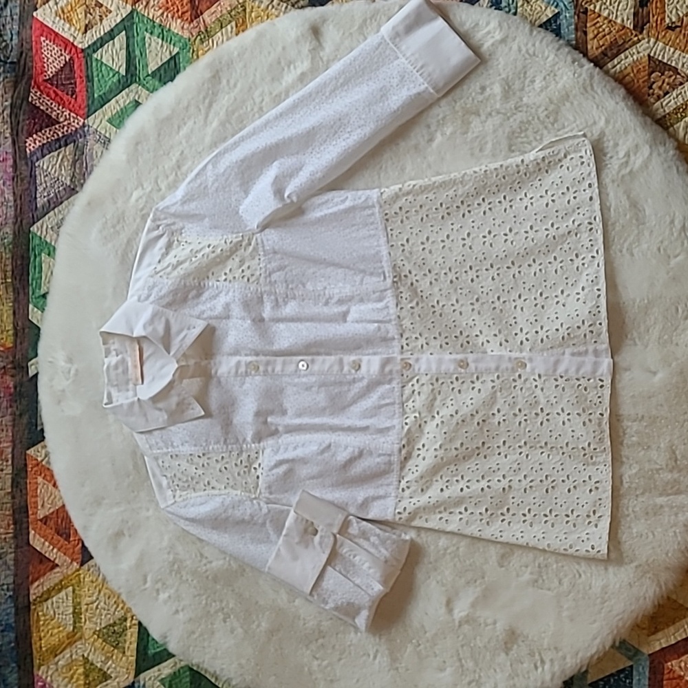 Tory Burch White & Cream Eyelet Floral Lace Beautiful Summer Blouse